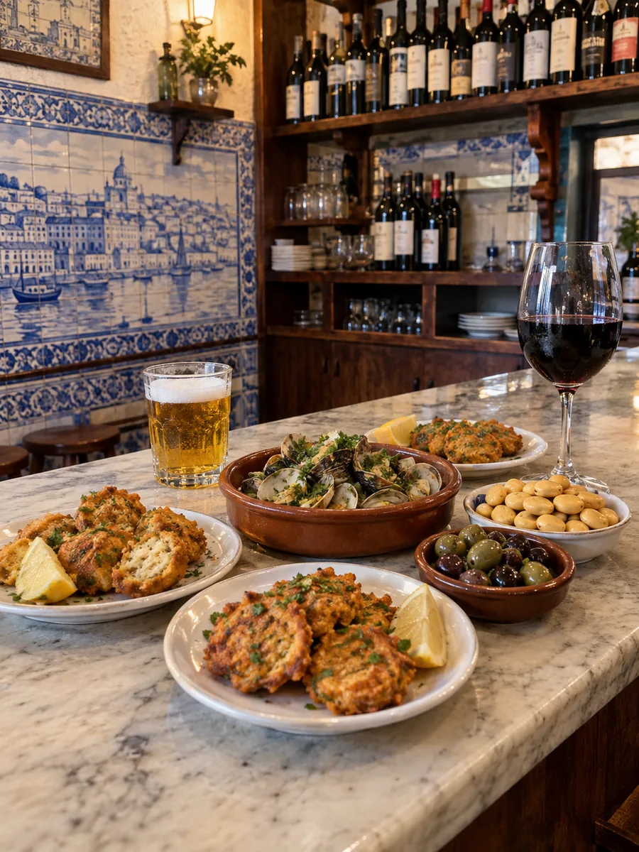 Ein abgenutzter Marmortresen einer Taverne mit Stockfischküchlein, Knoblauchmuscheln, Oliven, Lupinen, einem kleinen Bier und Rotwein, dahinter blau-weiße Kacheln